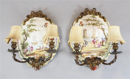 A pair of Continental faience wall sconces width 13in. height 18in.